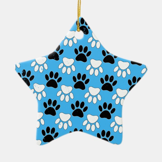 Distressed Black And White Paws On Blue Background Ceramic Tree Decoration (Front)
