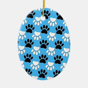 Distressed Black And White Paws On Blue Background Ceramic Tree Decoration
