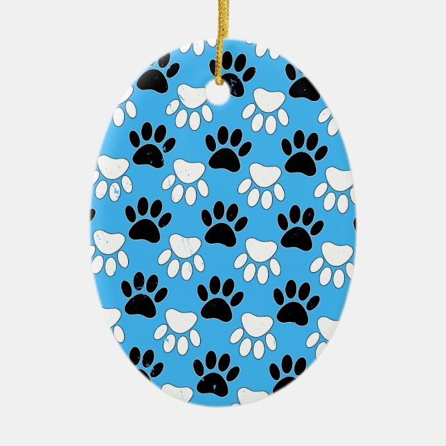 Distressed Black And White Paws On Blue Background Ceramic Tree Decoration (Front)