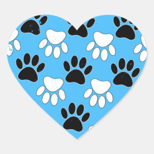 Distressed Black And White Paws On Blue Background Heart Sticker