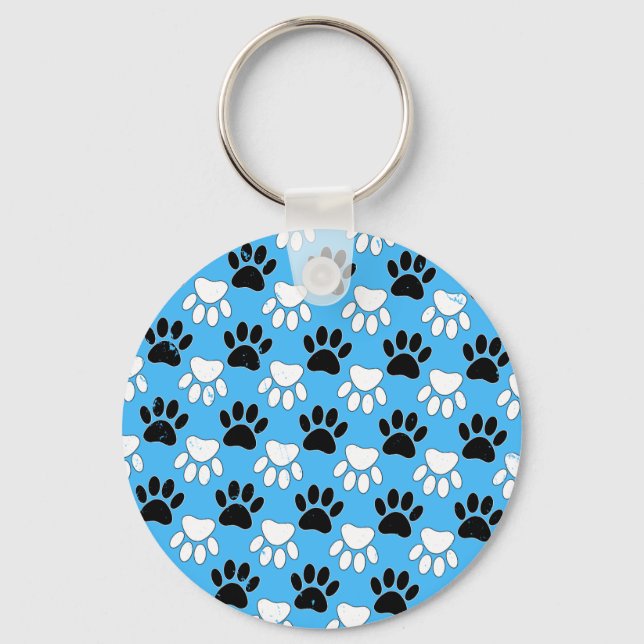 Distressed Black And White Paws On Blue Background Key Ring (Front)