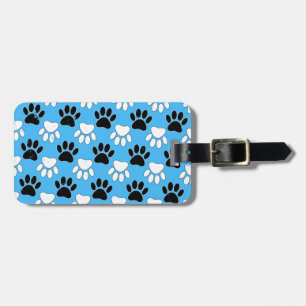 Distressed Black And White Paws On Blue Background Luggage Tag