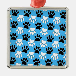 Distressed Black And White Paws On Blue Background Metal Tree Decoration