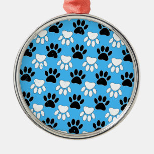 Distressed Black And White Paws On Blue Background Metal Tree Decoration
