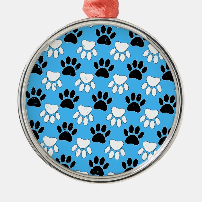 Distressed Black And White Paws On Blue Background Metal Tree Decoration (Front)