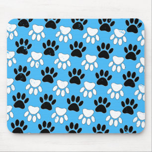 Distressed Black And White Paws On Blue Background Mouse Mat