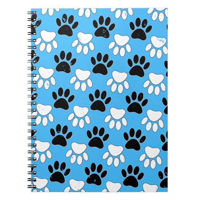 Distressed Black And White Paws On Blue Background Notebook (Front)
