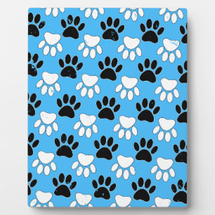 Distressed Black And White Paws On Blue Background Plaque