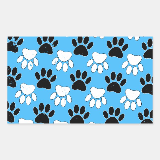 Distressed Black And White Paws On Blue Background Rectangular Sticker (Front)