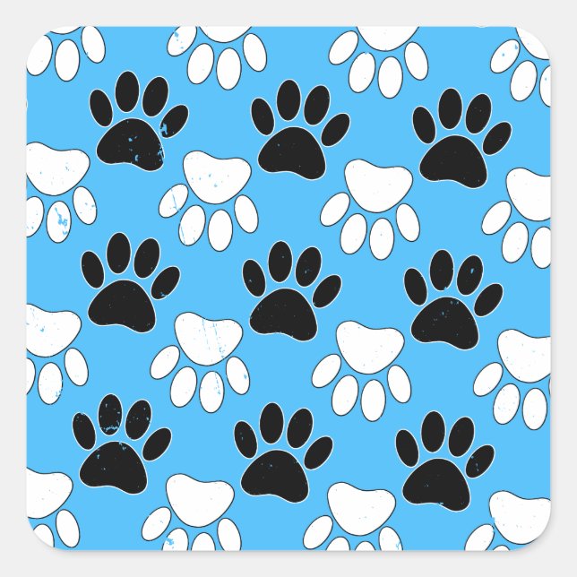Distressed Black And White Paws On Blue Background Square Sticker (Front)