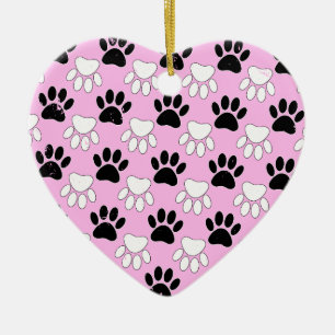 Distressed Black And White Paws On Pink Background Ceramic Tree Decoration