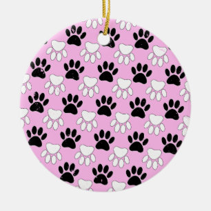 Distressed Black And White Paws On Pink Background Ceramic Tree Decoration