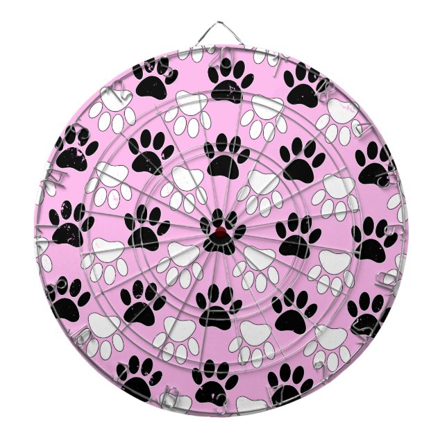 Distressed Black And White Paws On Pink Background Dartboard (Front)