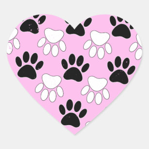 Distressed Black And White Paws On Pink Background Heart Sticker