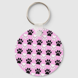 Distressed Black And White Paws On Pink Background Key Ring