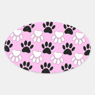 Distressed Black And White Paws On Pink Background Oval Sticker
