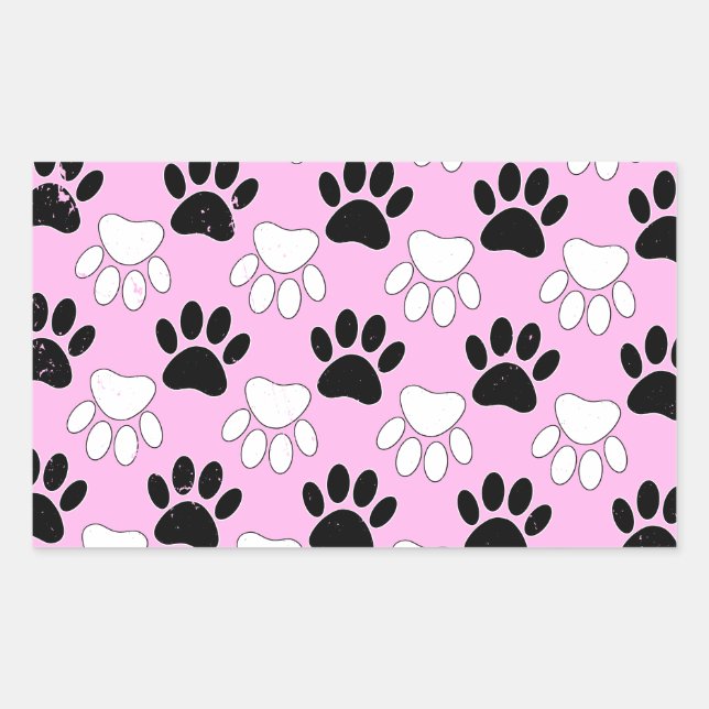 Distressed Black And White Paws On Pink Background Rectangular Sticker (Front)