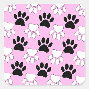 Distressed Black And White Paws On Pink Background Square Sticker