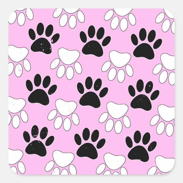 Distressed Black And White Paws On Pink Background Square Sticker (Front)