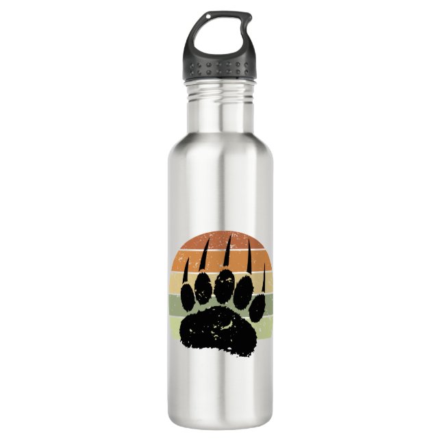 Distressed Black Bear Paw Print Retro Sunset 710 Ml Water Bottle (Front)