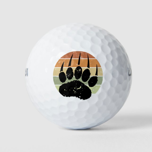 Distressed Black Bear Paw Print Retro Sunset Golf Balls (Front)