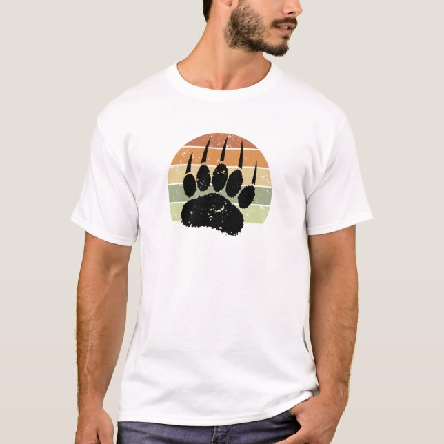 Distressed Black Bear Paw Print Retro Sunset T-Shirt (Front)