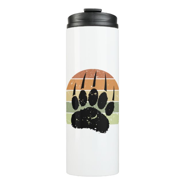 Distressed Black Bear Paw Print Retro Sunset Thermal Tumbler (Front)