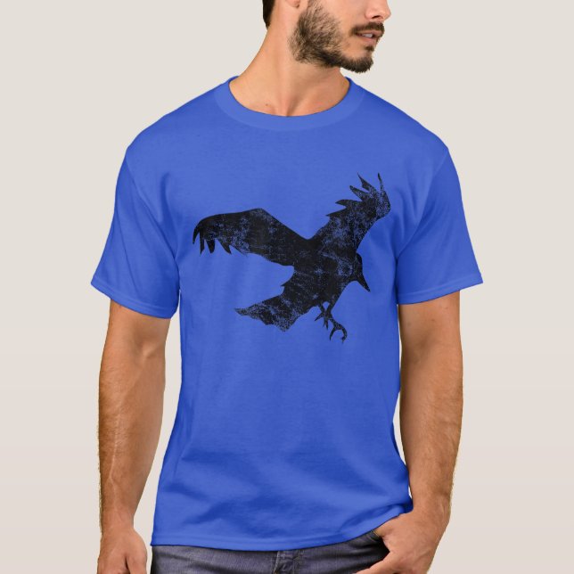 Distressed Black Crow Flying Bird T-Shirt (Front)