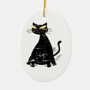 Distressed Black Fat Cat Ceramic Tree Decoration