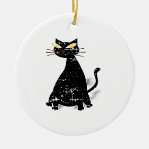 Distressed Black Fat Cat Ceramic Tree Decoration