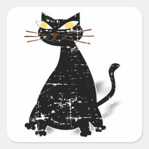Distressed Black Fat Cat Square Sticker