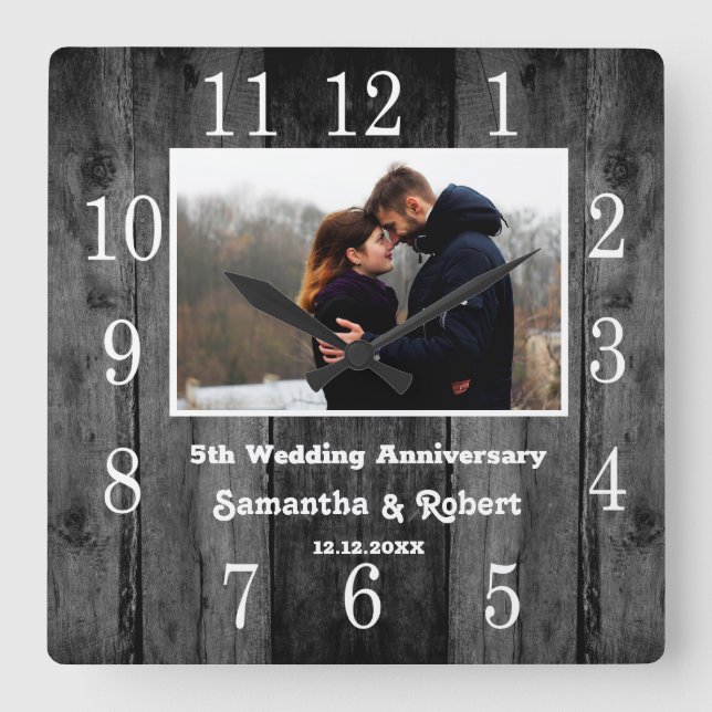 Distressed Black Wood 5 Year Anniversary Photo Square Wall Clock (Front)