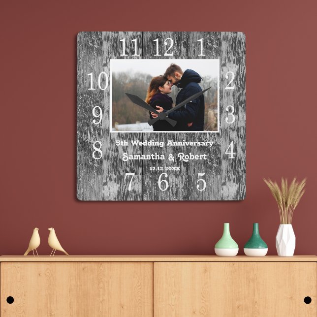 Distressed Black Wood 5 Year Anniversary Photo   Square Wall Clock (Distressed Black Wood 5 Year Anniversary Photo Square Wall Clock)
