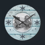 Distressed Blue Beach Wood Starfish Photo Round Clock<br><div class="desc">Distressed beach wood in blue with midnight blue starfish representing the clock number with your favourite photo. Makes a great house warming gift or decor for your beach house. If you have any questions about the "DESIGN ONLY" or need help please message me or visit my store link: https://www.zazzle.com/store/jmr_designs (Copy...</div>