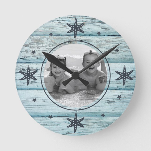 Distressed Blue Beach Wood Starfish Photo Round Clock (Front)