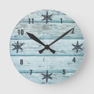 Distressed Blue Beach Wood Starfish Round Clock