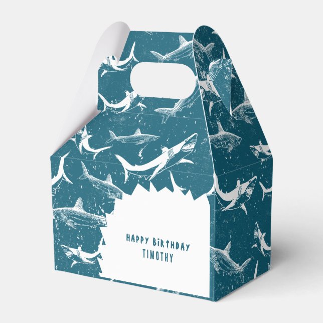 Distressed Blue Shark Boys Birthday Party  Favour Box (Front Side)