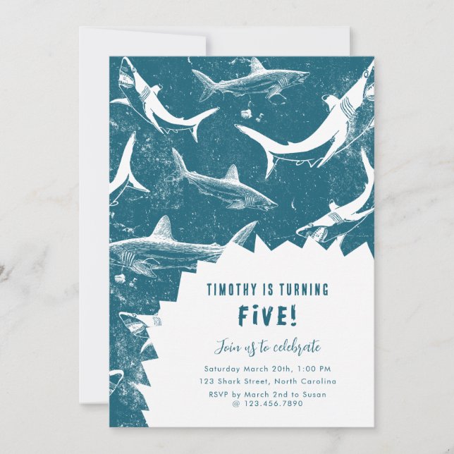 Distressed Blue Shark Boys Birthday Party Invitation (Front)