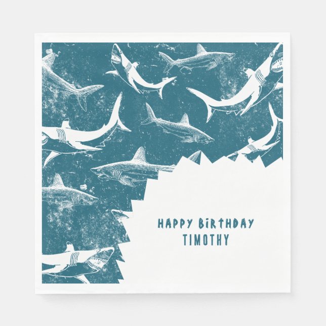 Distressed Blue Shark Boys Birthday Party Napkin (Front)