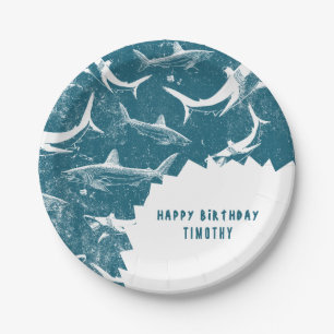 Distressed Blue Shark Boys Birthday Party Paper Plate