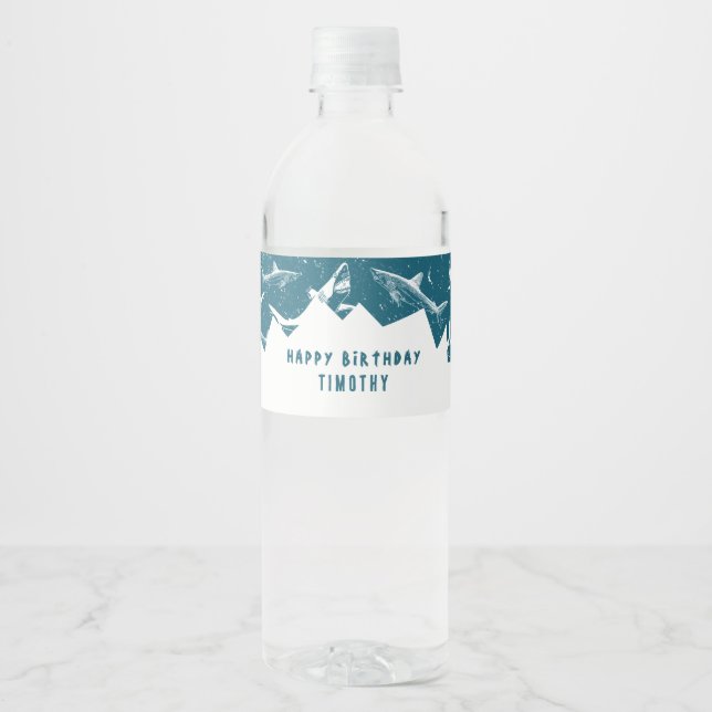 Distressed Blue Shark Boys Birthday Party  Water Bottle Label (Front)