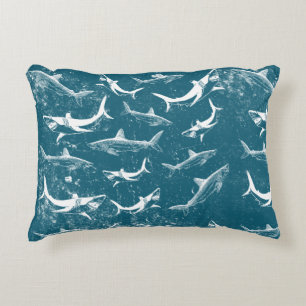 Distressed Blue Shark Pattern Decorative Cushion