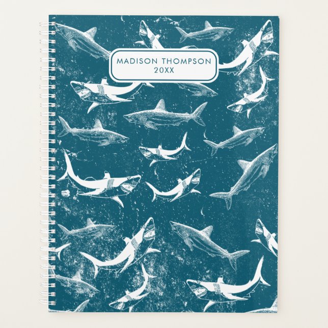 Distressed Blue Shark Pattern Kids Custom Name Planner (Front)