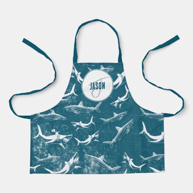 Distressed Blue Shark Pattern Monogram Apron (Front)