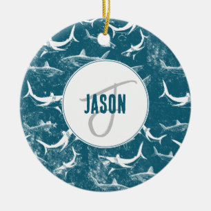 Distressed Blue Shark Pattern Monogram Ceramic Tree Decoration