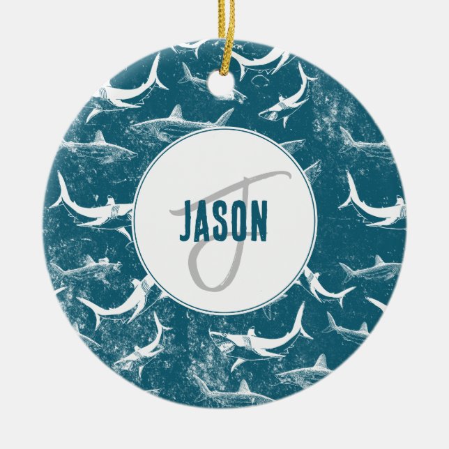 Distressed Blue Shark Pattern Monogram  Ceramic Tree Decoration (Front)