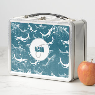 Distressed Blue Shark Pattern Monogram Metal Lunch Box