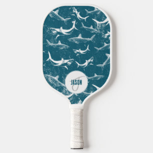 Distressed Blue Shark Pattern Monogram   Pickleball Paddle