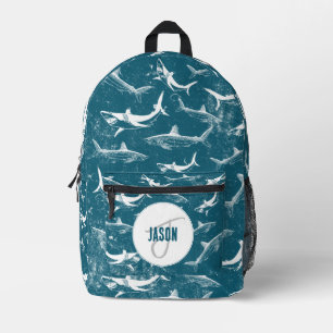 Distressed Blue Shark Pattern Monogram School Printed Backpack