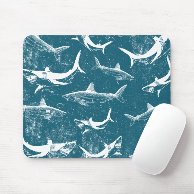 Distressed Blue Shark Pattern Mouse Mat (With Mouse)